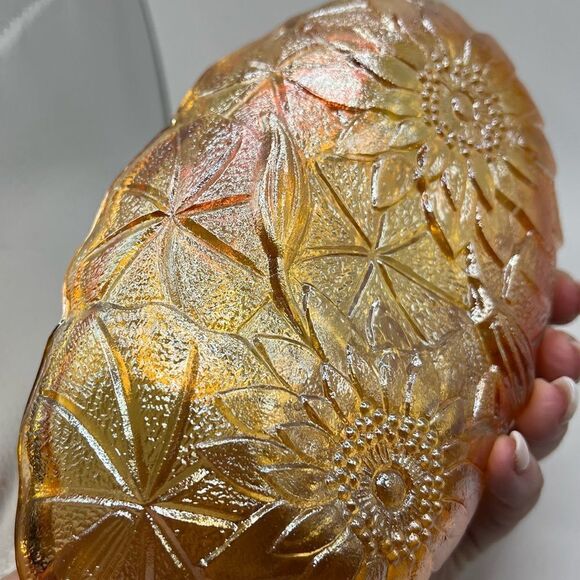 Vintage Marigold Floral Indiana Carnival Glass Oval Candy Dish Bowl Relish Bowl - Picture 5 of 11